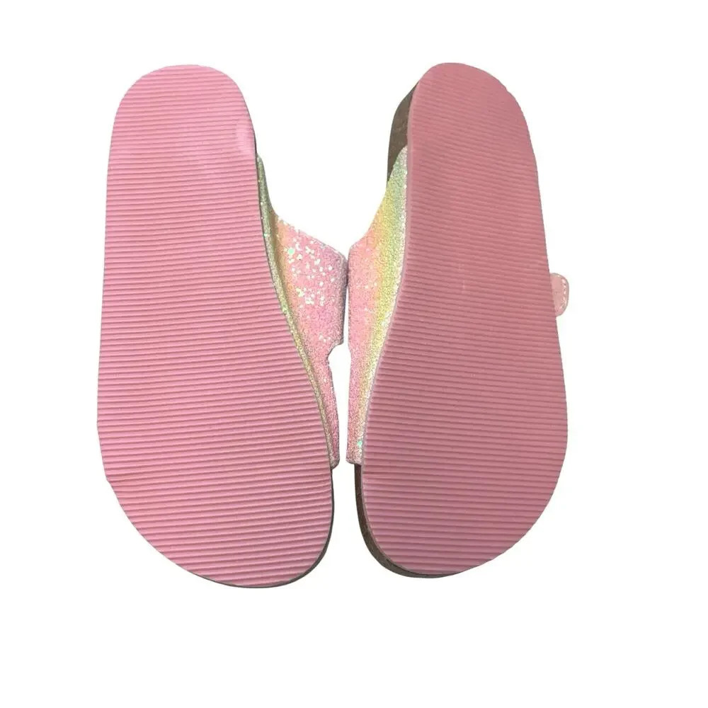 Wonder Nation Girls Glitter Double Buckle Slide Sandals Pink Rainbow Sparkle 3